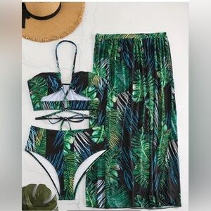 Boho Bikini Set, Women's Tropical Leaf Print Bikini set with Cover Up Skirt